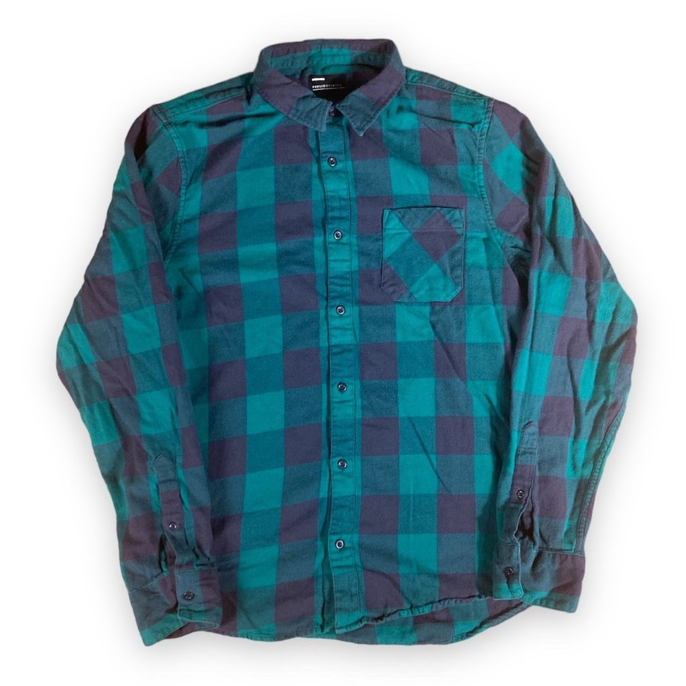 Public Opinion Flannel shirt plaid all over green woods outdoors casual